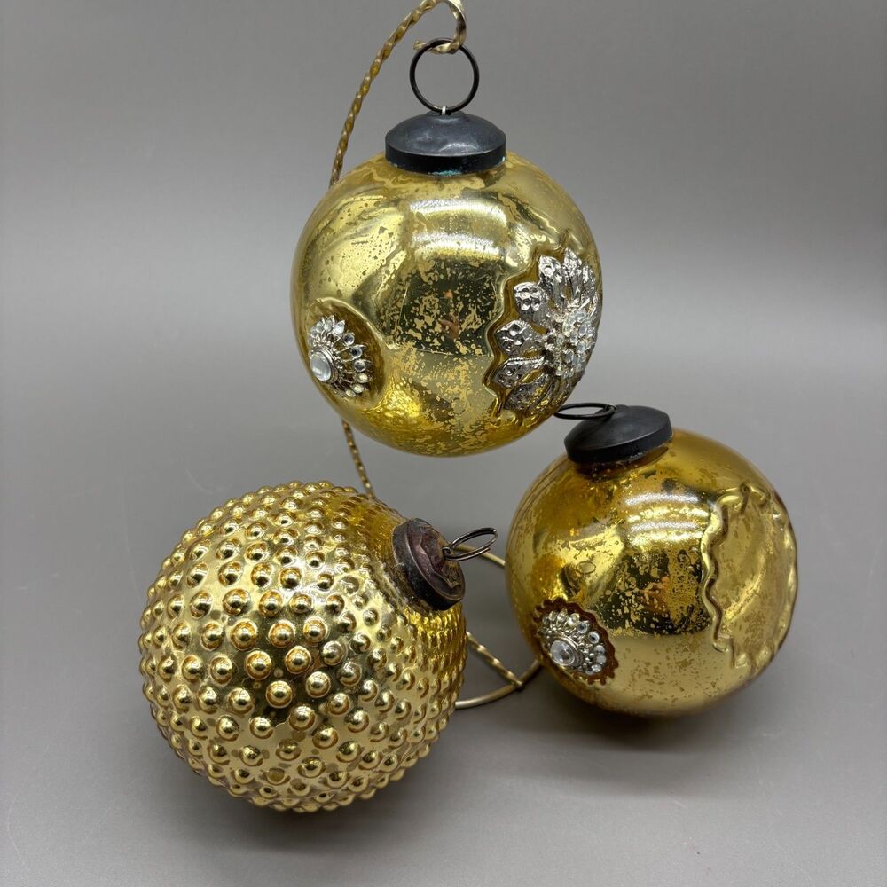 Gold Kugel Style Mercury Glass Christmas Ornaments Jeweled Hobnail Lot of 3